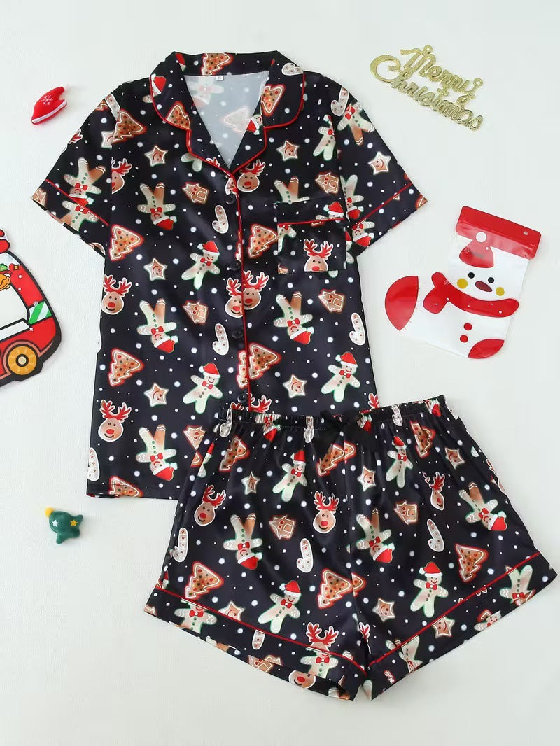 Cute Cartoon Pajama Set With A Turn-down Collar Short Sleeves