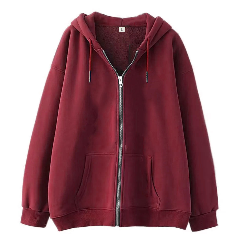 Full-zip Hoodie With Fleece-lined Solid-color Sweatshirt