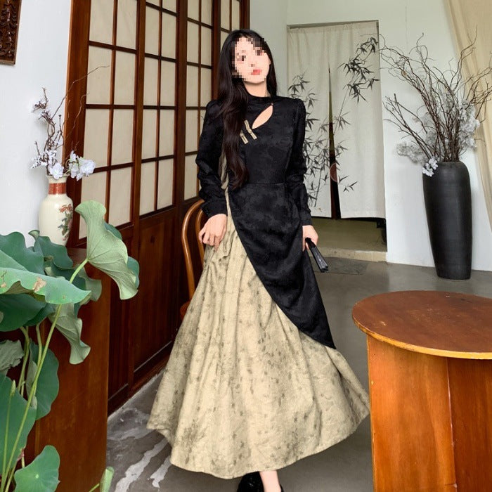 New Chinese-style Faux Two-piece Long-sleeve Dress Figure-flattering Mid-length Skirt For Women