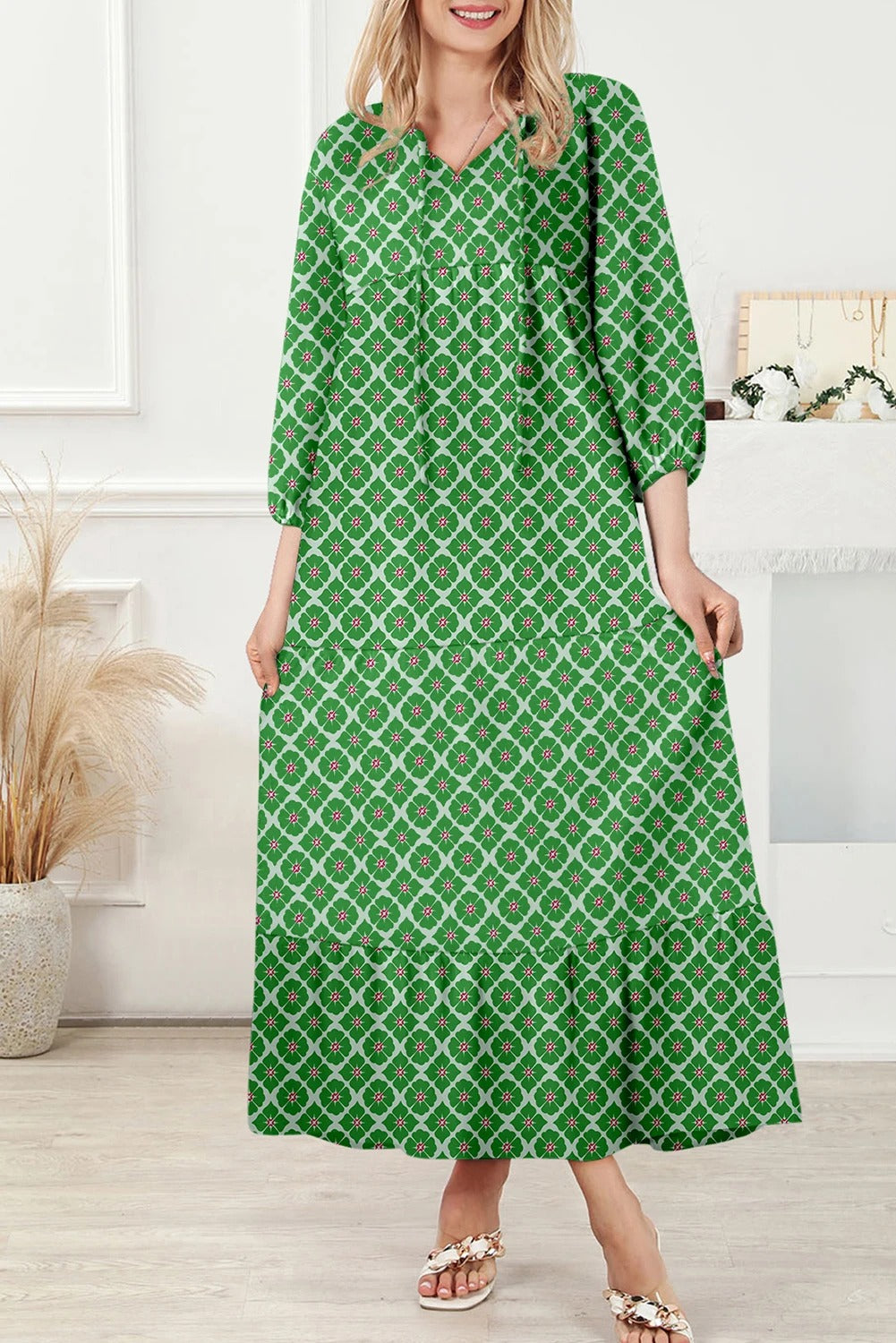 Women's Casual Loose Geometric Print Puff Sleeve Dress