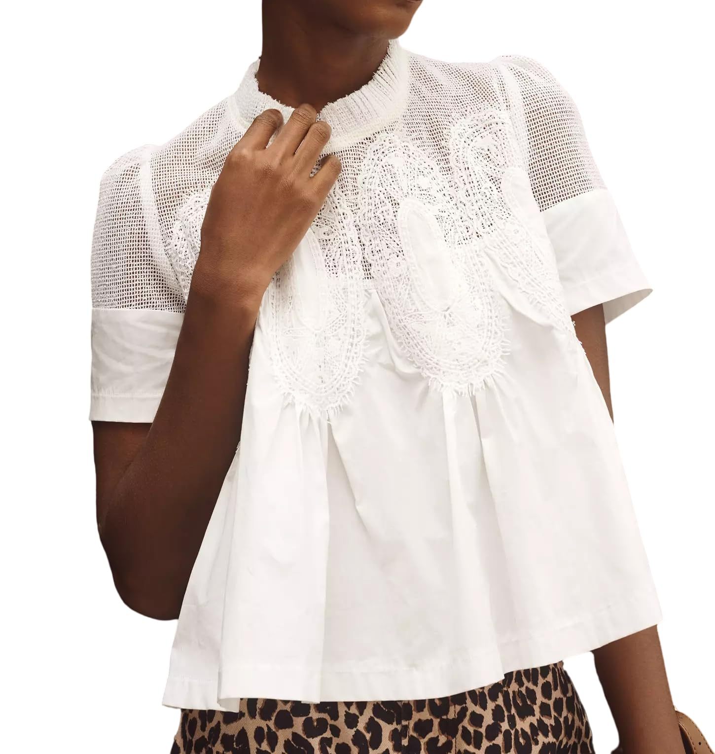Women's Fashionable Lace-trimmed Crew-neck Embroidered Solid-color Loose Top