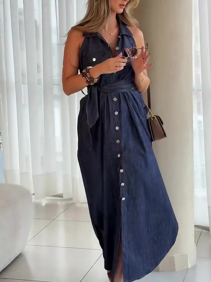 Denim Sleeveless Single-breasted Lace-up Dress