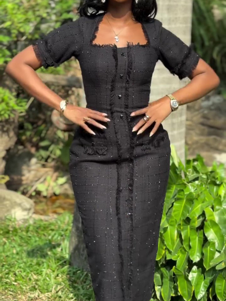 Black Square Neck Short Sleeve Dress