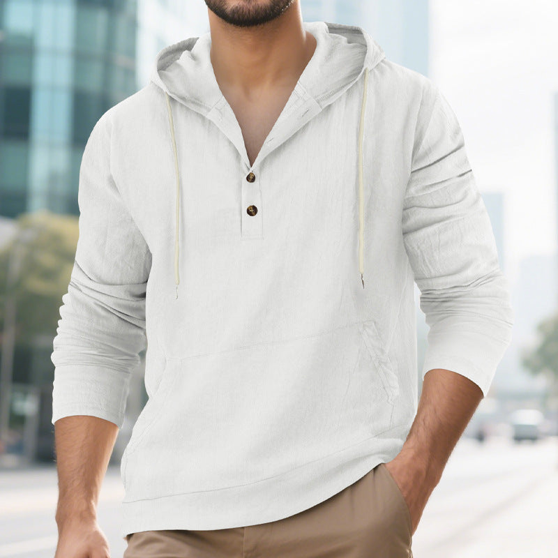 Hooded Long-sleeve Henley T-shirt With Large Pockets