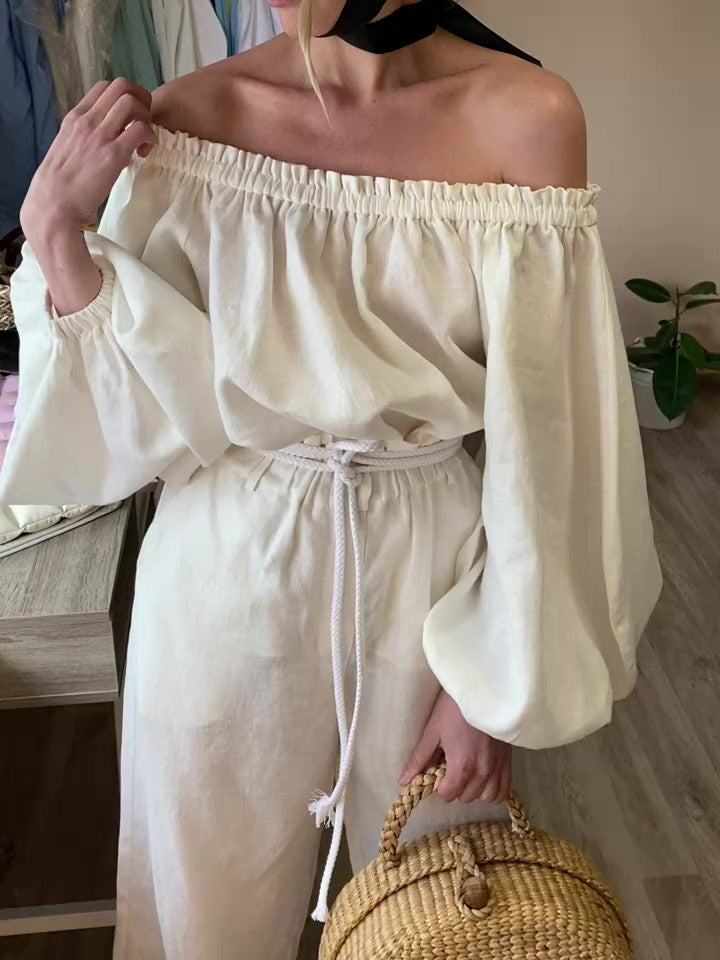 Cotton And Linen One-shoulder Long-sleeved Top & Wide-leg Pants Suit