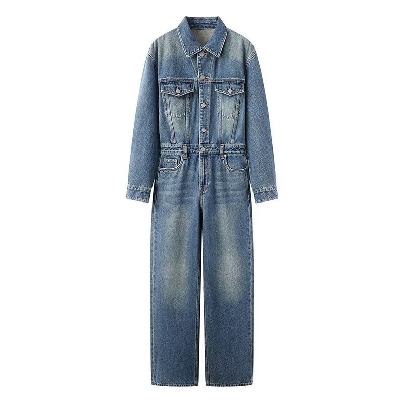 Women's Retro Washed Cotton High-Waist Straight-Leg Jumpsuit