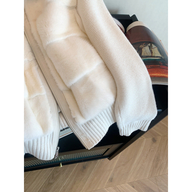 White Knitted Patchwork Mink-fur Cotton Coat